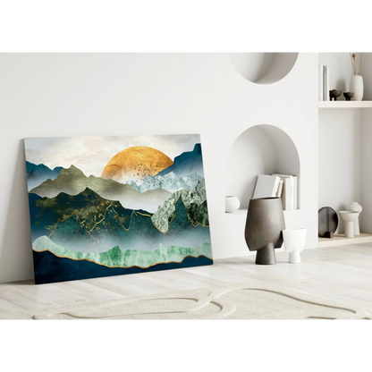 Modern teal mountain peaks gold accent canvas wall art