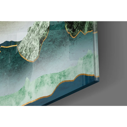 Teal Mountain Peaks gold accent canvas wall art with textured green landscapes