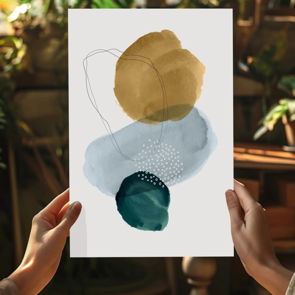 Teal and mustard abstract circles art print on aluminum