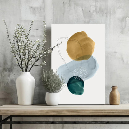 Teal and mustard abstract circles art print on aluminum