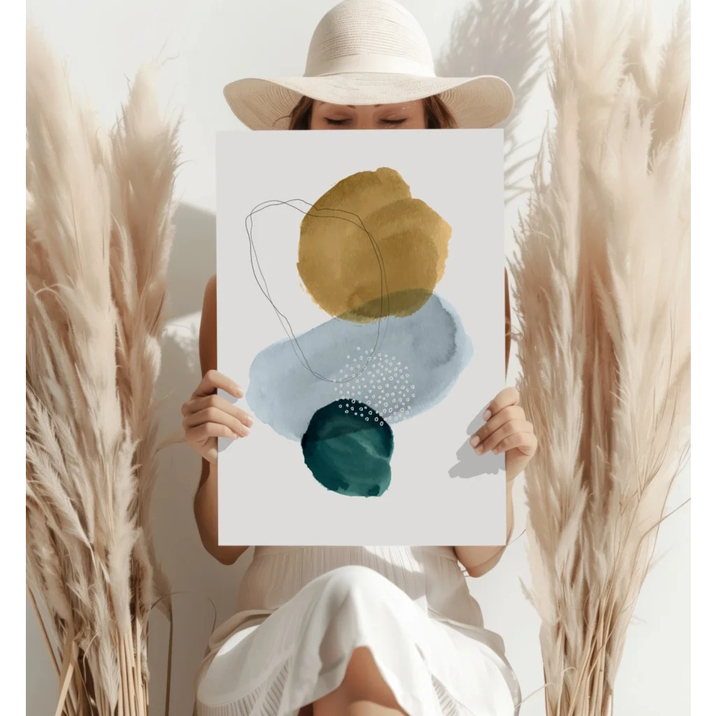 Teal and mustard abstract circles art print on aluminum with textured brushstrokes