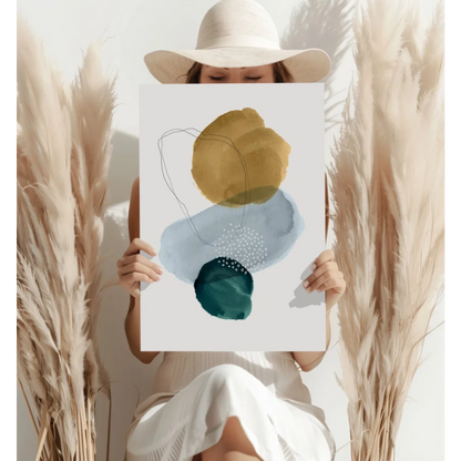 Teal and mustard abstract circles art print on aluminum with textured brushstrokes