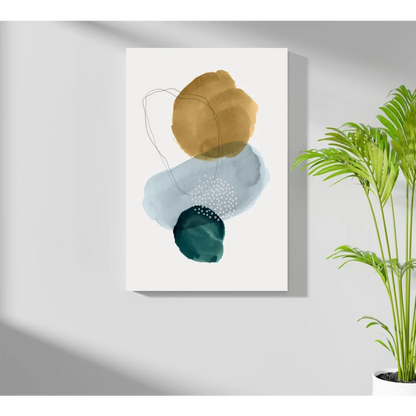 Gold and teal abstract circles art print on aluminum, white background