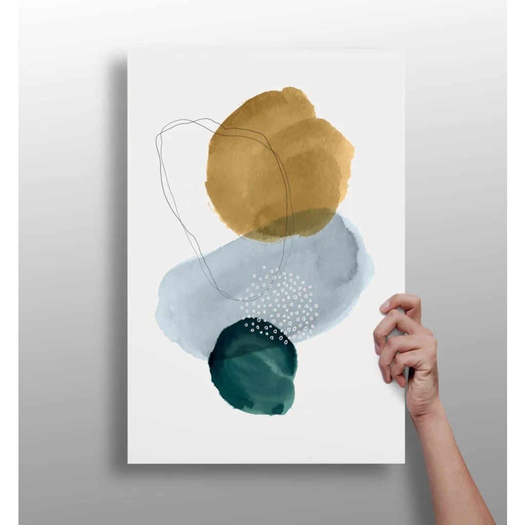 Teal and mustard abstract circles art print on white background