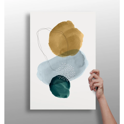 Teal and mustard abstract circles art print on white background