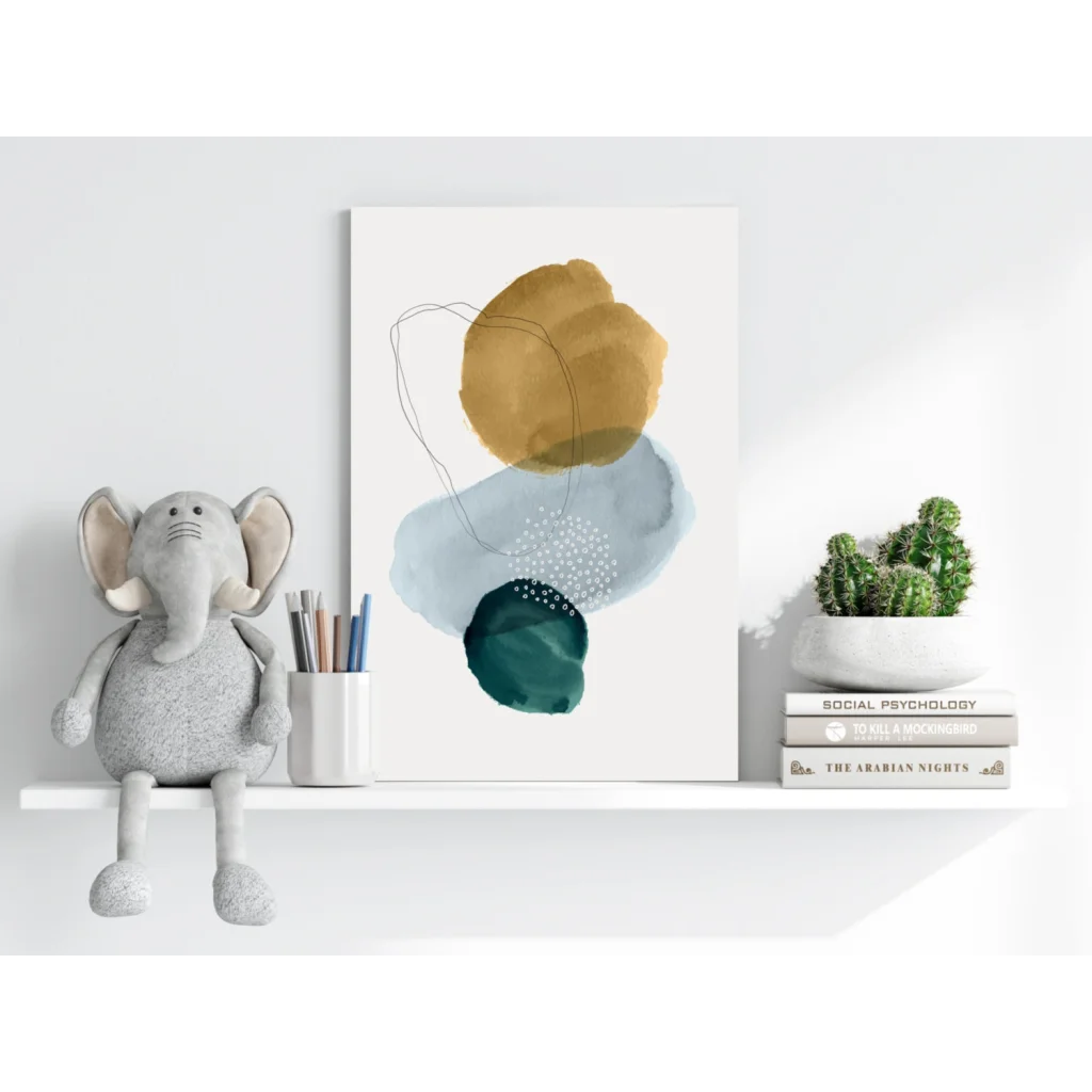 Elephant plush toy with gray fur and big eyes on white shelf