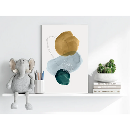 Elephant plush toy with gray fur and big eyes on white shelf