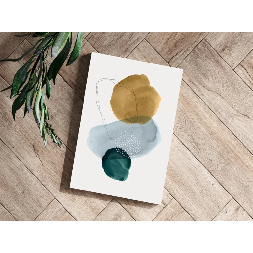 Teal and mustard abstract circles on white aluminum art print