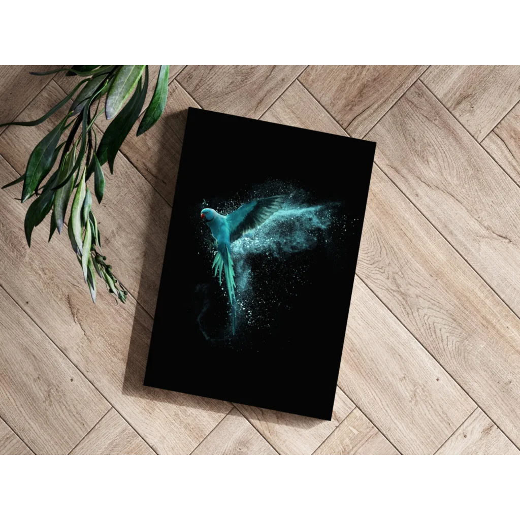 Teal Parrot in Flight Insigne Aluminum Print | Modern Wall Art Decor | vintageantiquesgifts.com