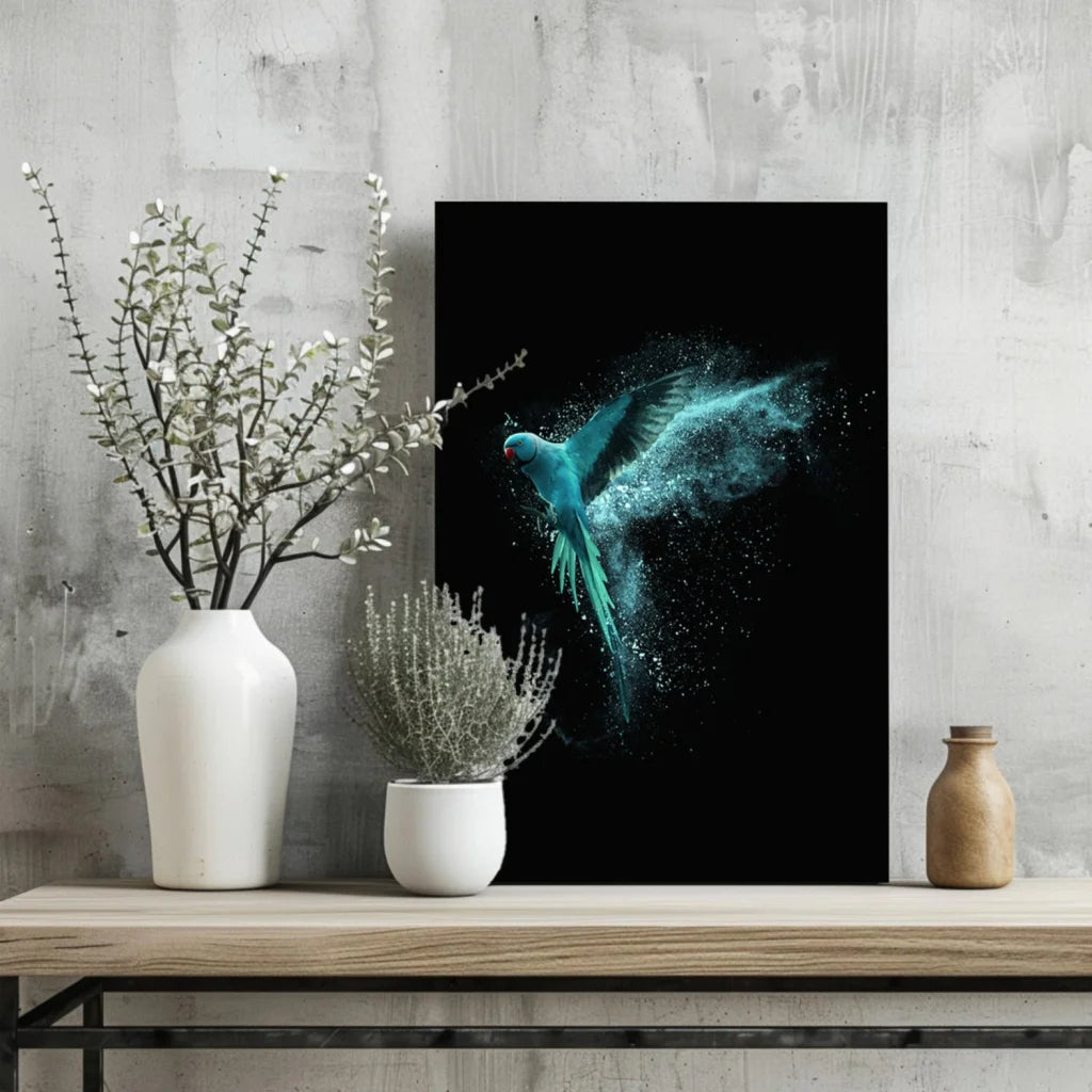 Teal Parrot in Flight Insigne Aluminum Print | Glass Wall Art Print | vintageantiquesgifts.com