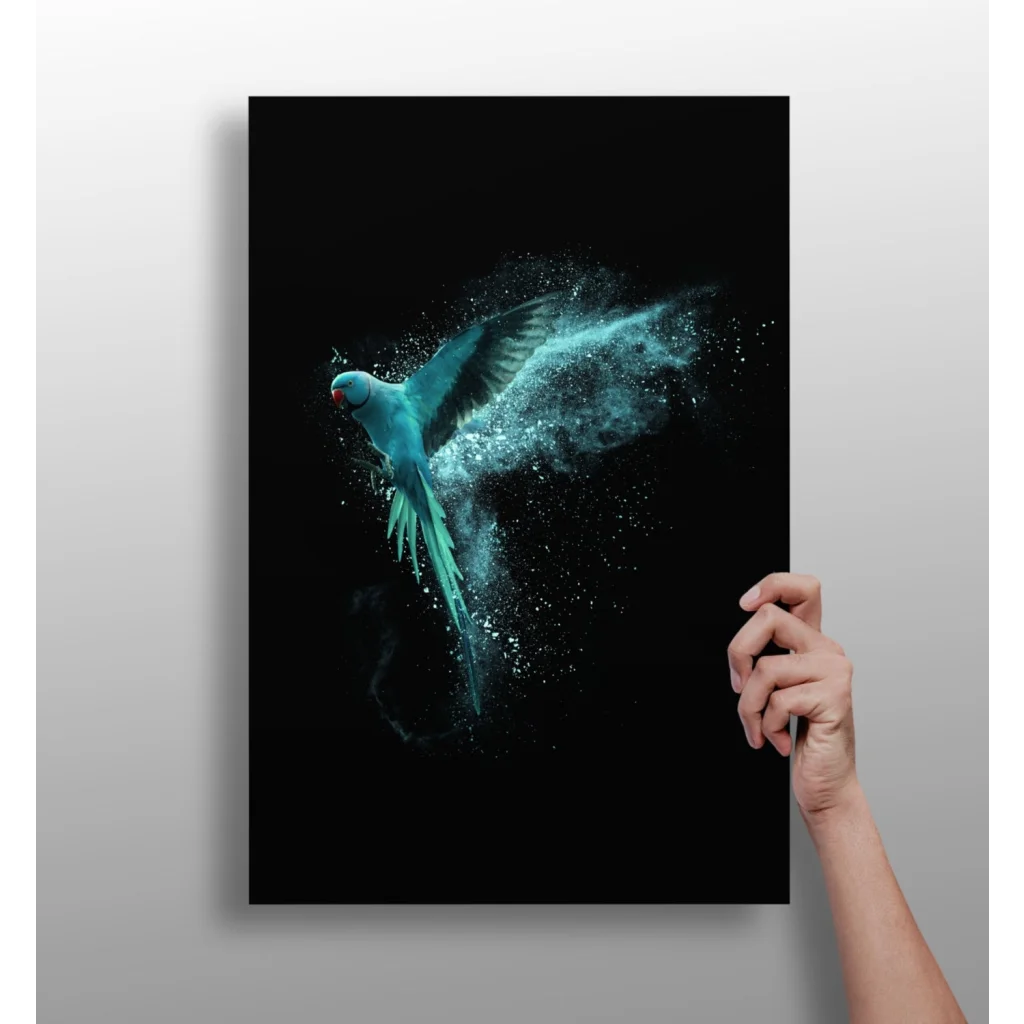Teal Parrot in Flight Insigne Aluminum Print | Insigneart USA | vintageantiquesgifts.com