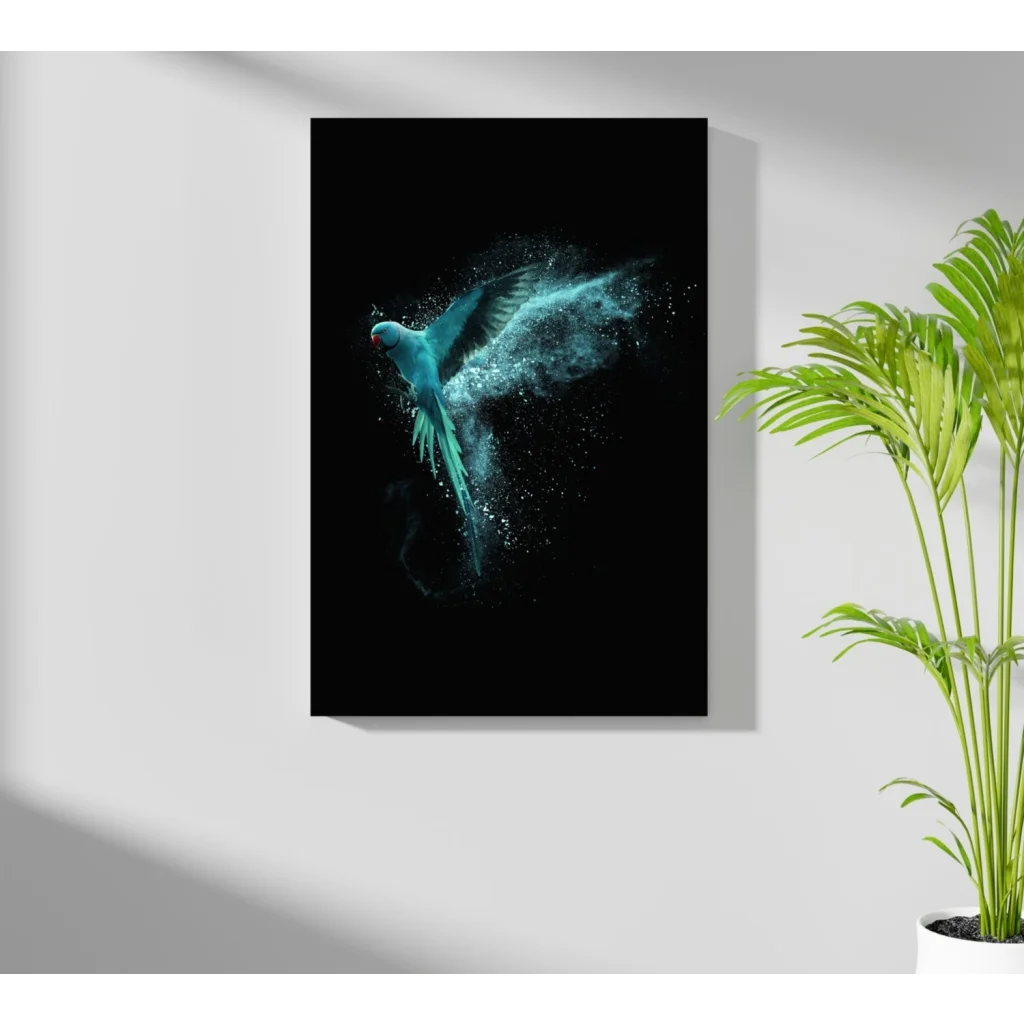 Vibrant teal parrot in flight on Insigne Aluminum Print