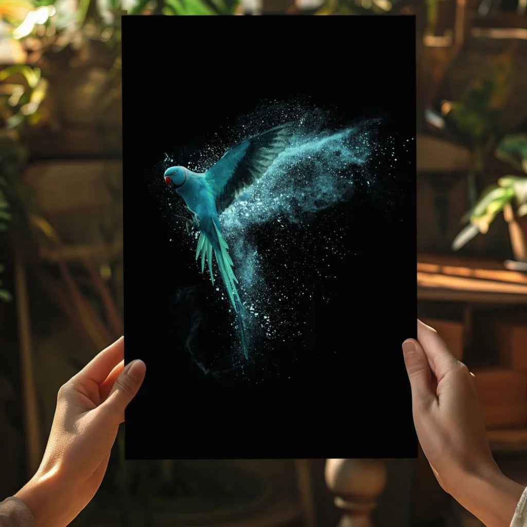 Vibrant teal parrot in flight on insigne aluminum print with water droplets