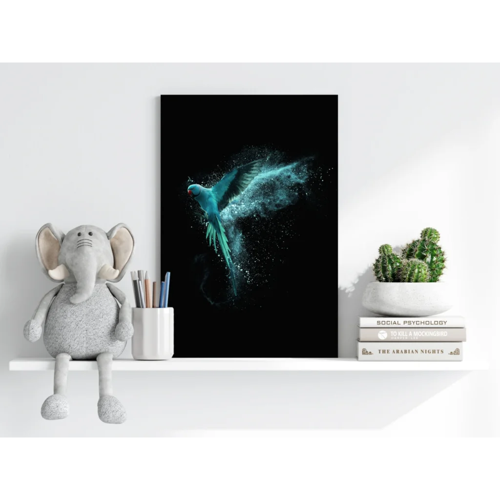 Vibrant teal parrot in flight on Insigne Aluminum Print