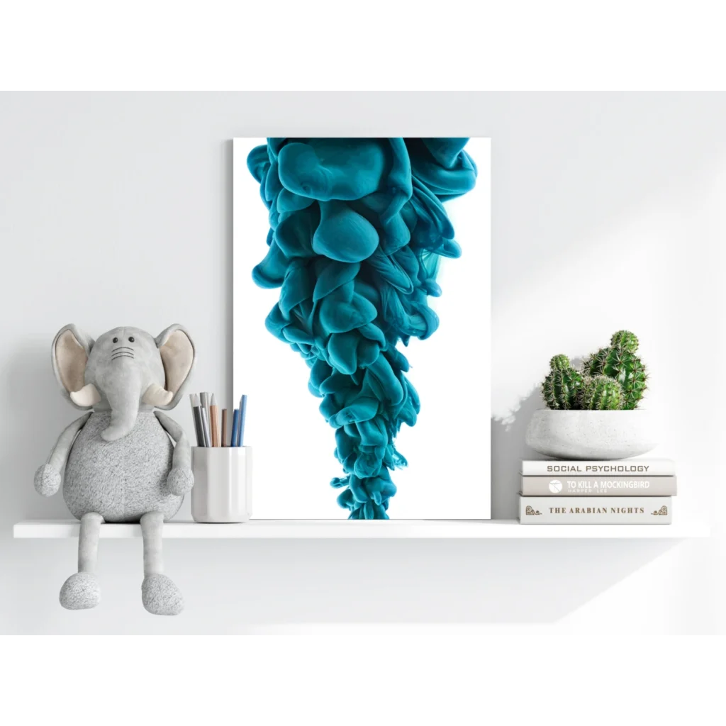 Vibrant teal ink cloud on Insigne aluminum print on white wall