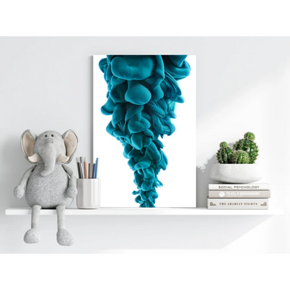 Vibrant teal ink cloud on Insigne aluminum print on white wall