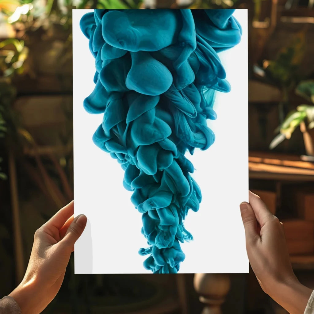 Hands holding vibrant teal ink swirl photo on Insigne aluminum print