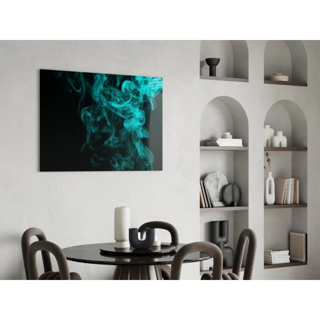 Teal smoke abstract canvas wall art on white wall