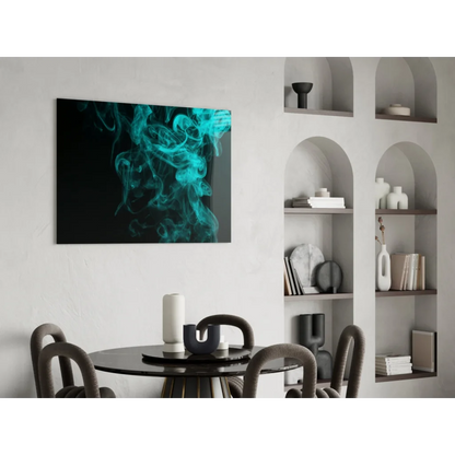 Teal smoke abstract canvas wall art on white wall