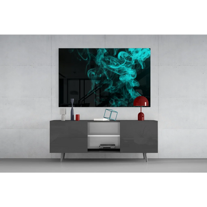 Teal smoke abstract wall art canvas above gray console