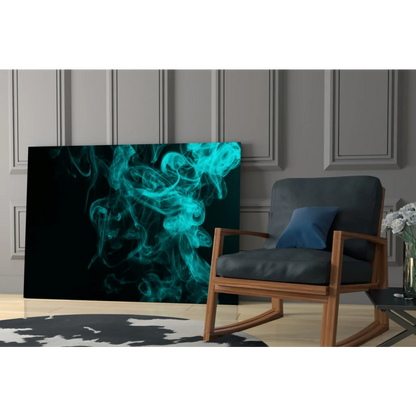 Teal smoke canvas wall art on black background mounted on wall