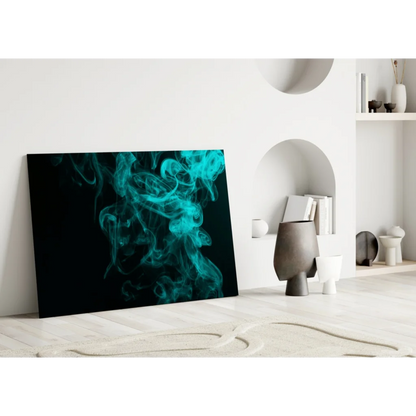 Teal smoke canvas wall art swirling on black background against white wall