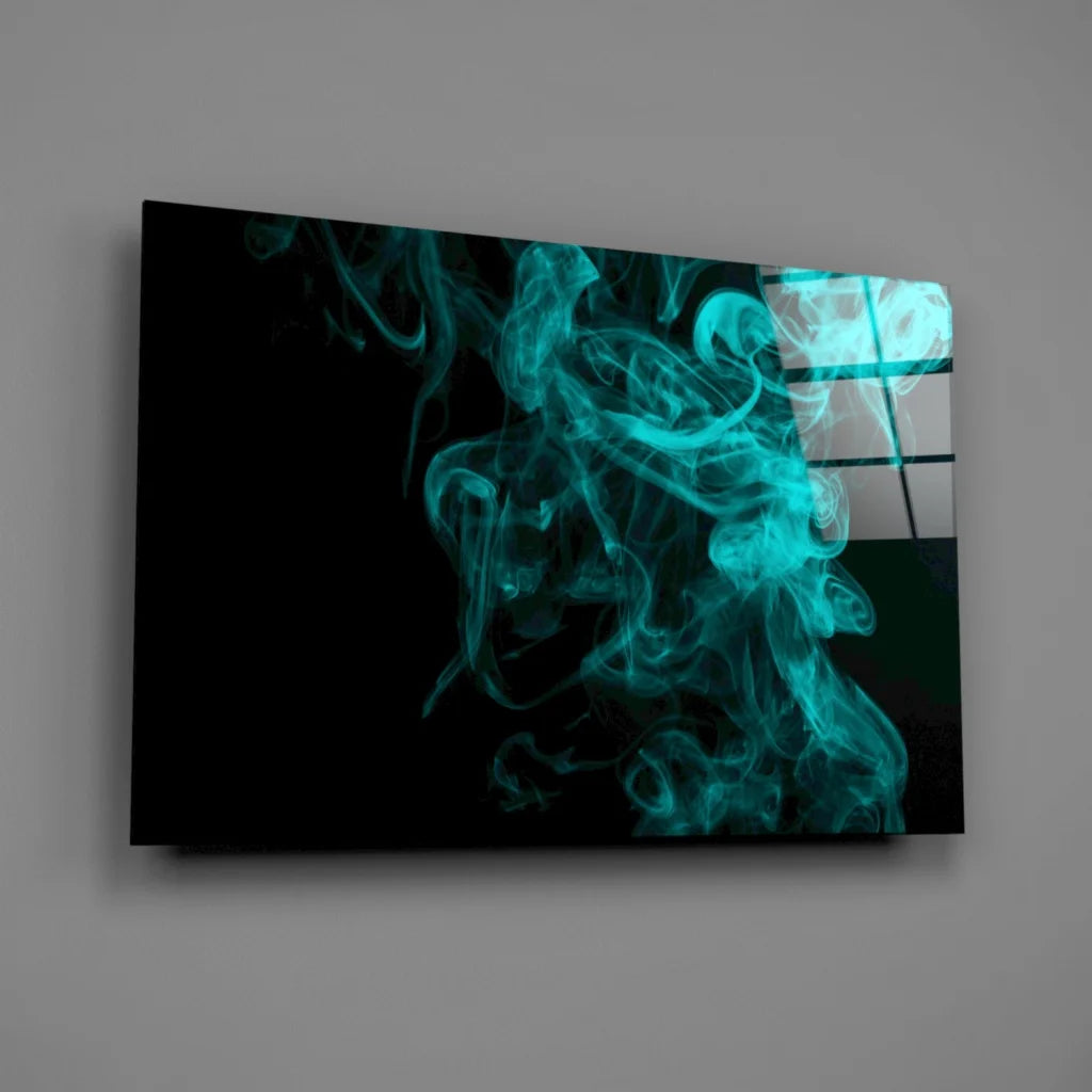 Sleek teal smoke canvas wall art on black background with light reflections