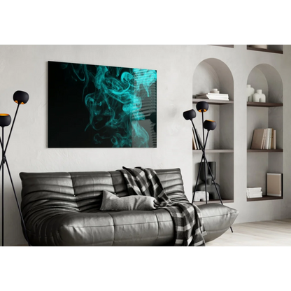 Sleek black leather sofa with plaid throw and Teal Smoke wall art