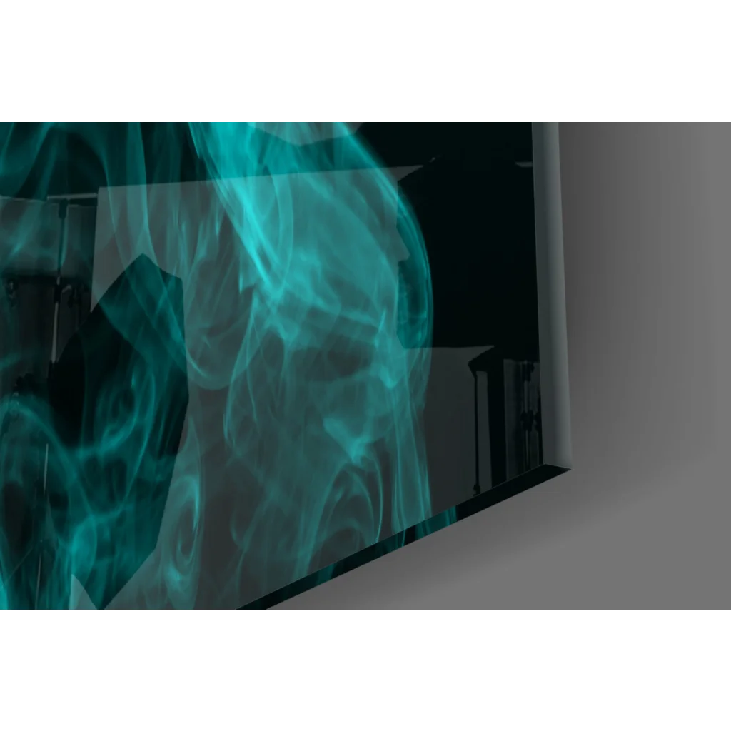 Teal smoke glass wall art on black background with abstract TV display