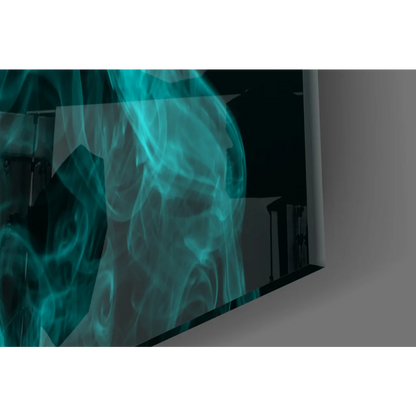 Teal smoke glass wall art on black background with abstract TV display