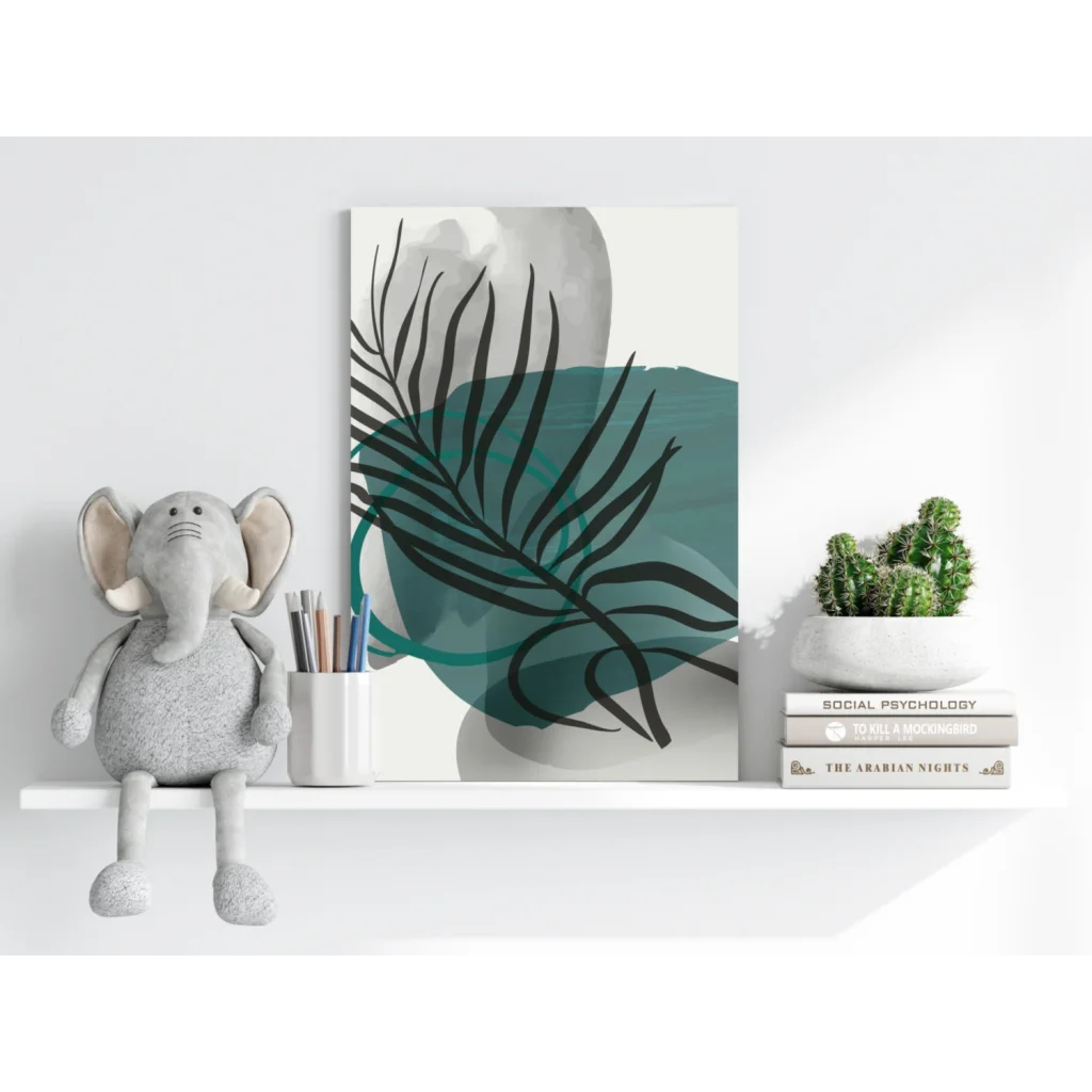 Cute gray and white elephant plush toy on shelf with teal tropical leaf art