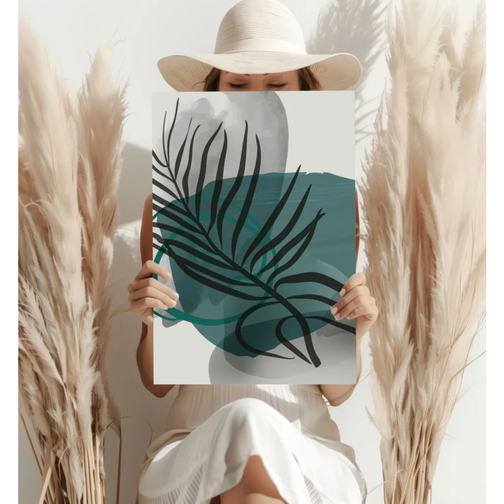 Teal tropical leaf aluminum wall art print with green leafy abstract design