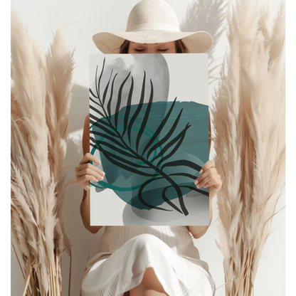 Teal tropical leaf aluminum wall art print with green leafy abstract design