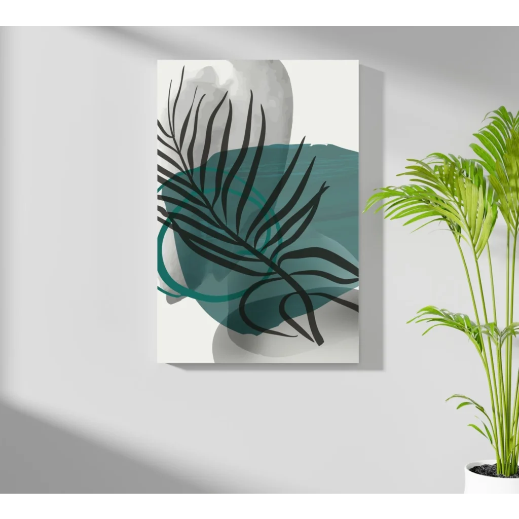 Teal tropical leaf aluminum wall art print with green abstract design