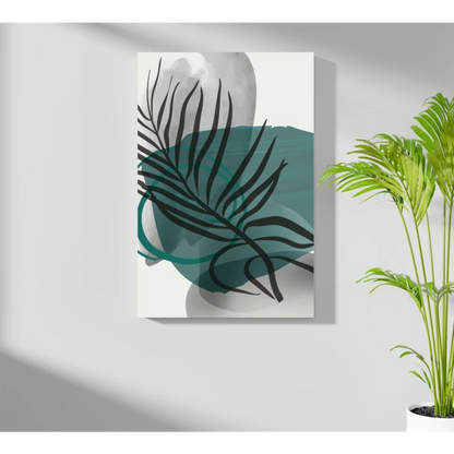 Teal tropical leaf aluminum wall art print with green abstract design