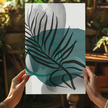Teal tropical palm leaf art print on white background