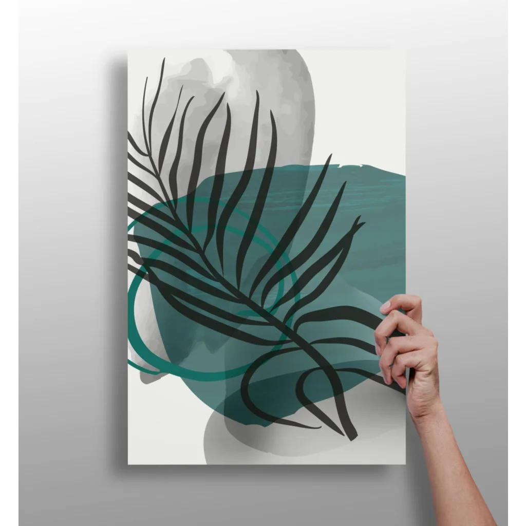 Teal tropical leaf aluminum wall art print on glossy paper