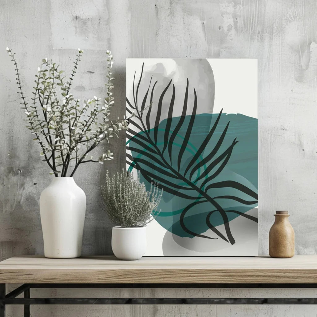 Teal tropical leaf aluminum wall art print with white canvas and black outlines