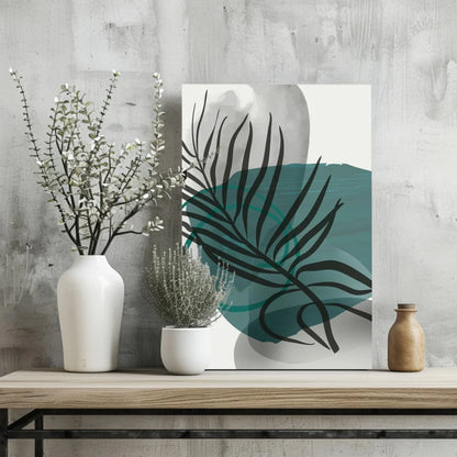 Teal tropical leaf aluminum wall art print with white canvas and black outlines