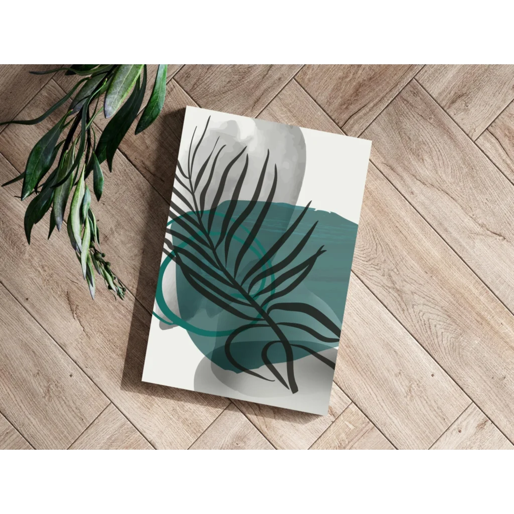 Teal Tropical Leaf Aluminum Wall Art Print on wooden floor