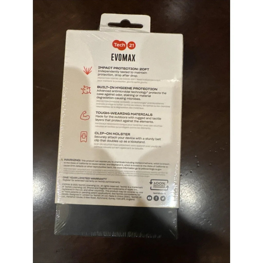 Back of Tech21 EvoMax iPhone 13 Pro rugged case white packaging