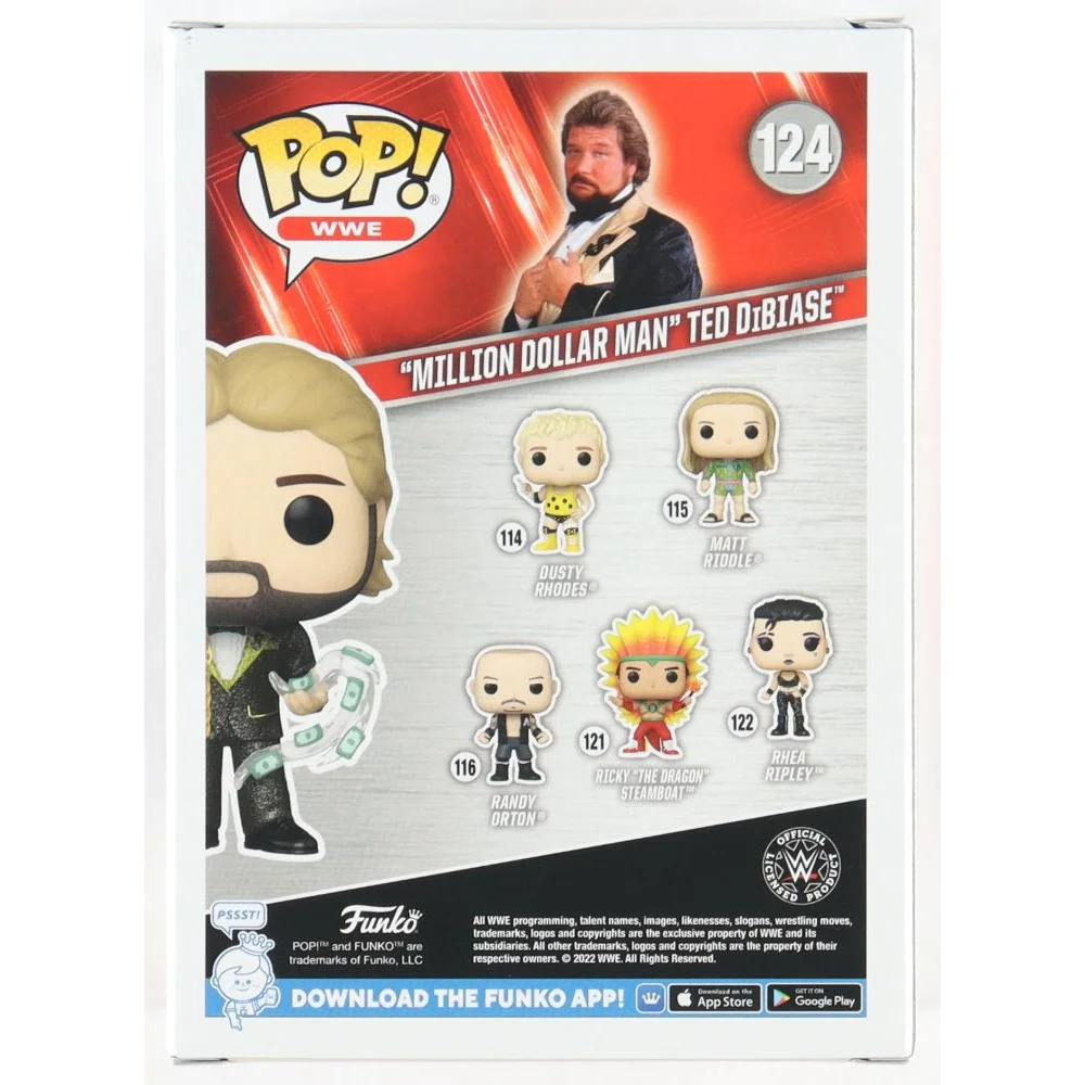 Back of a Funko Pop WWE Ted DiBiase box with collectible figures, Ted Dibiase signed style