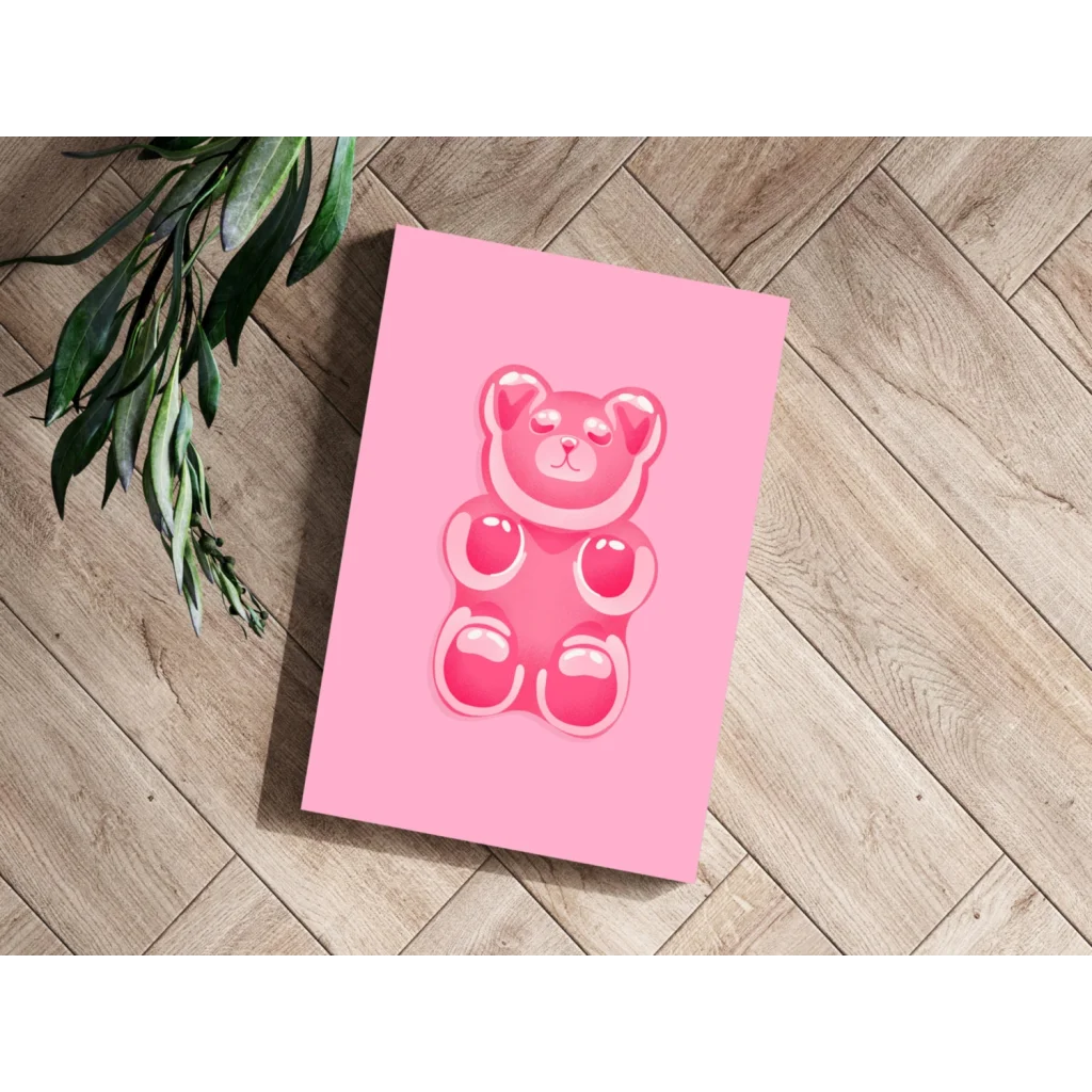 Glossy pink gummy bear on Insigne aluminum print with pastel background