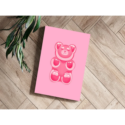 Glossy pink gummy bear on Insigne aluminum print with pastel background