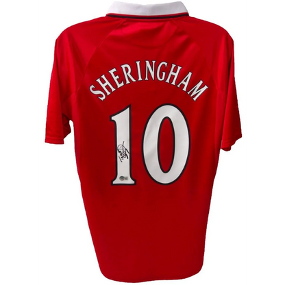 Red Manchester United jersey with SHERINGHAM 10 and Teddy Sheringham Umbro logo