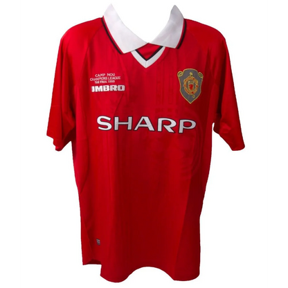 Red short-sleeved Manchester United jersey with white collar, Teddy Sheringham Umbro design