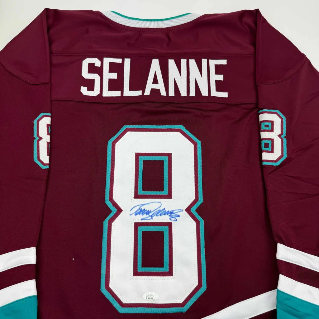 Autographed Teemu Selanne hockey jersey from professional sports league display