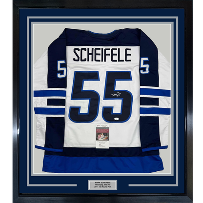 Framed Winnipeg Jets #55 white hockey jersey with "SCHEIFELE" nameplate and JSA authentication certificate mounted on blue matting.