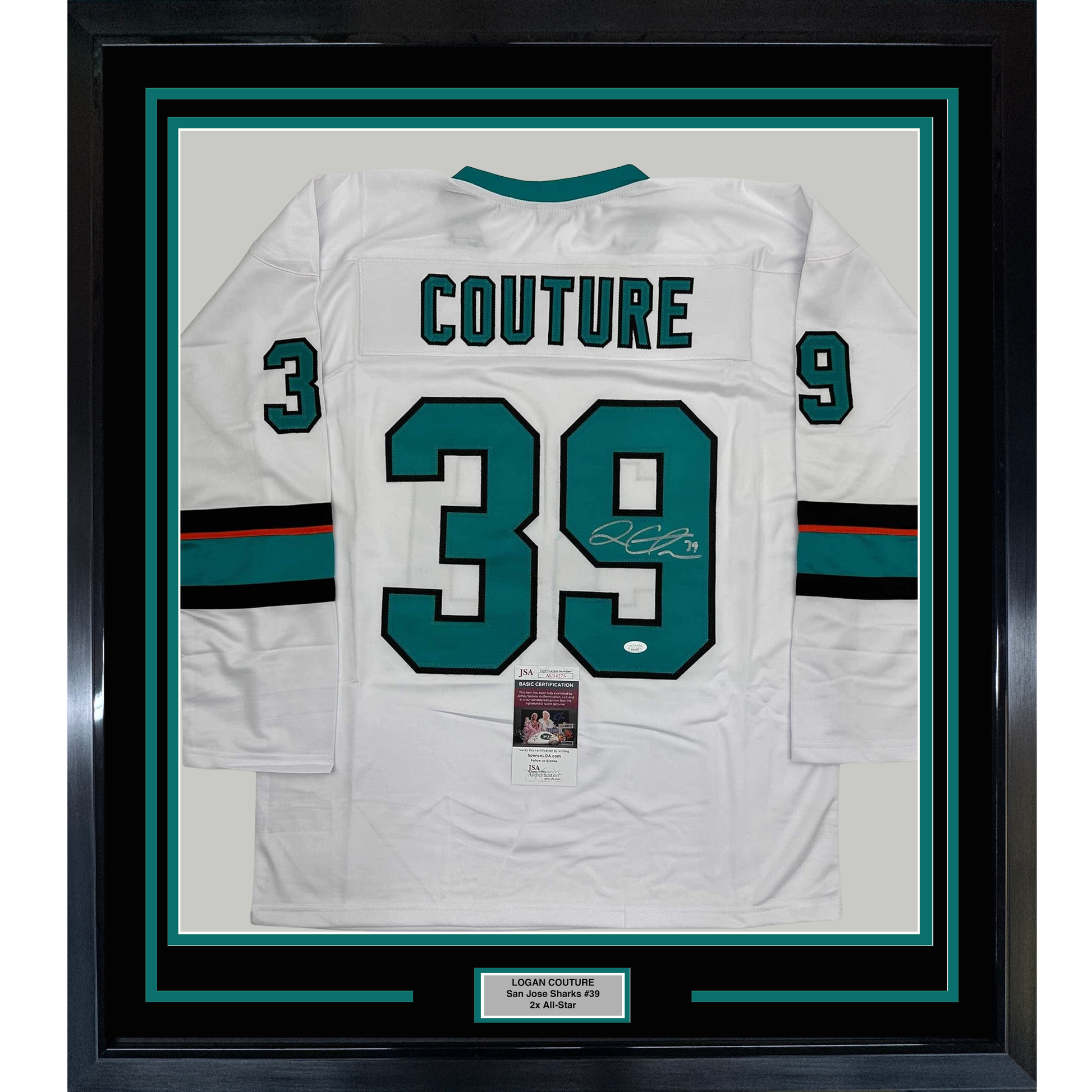 Framed white San Jose Sharks hockey jersey number 39 with "COUTURE" nameplate and autograph, displayed behind teal and black matting with authentication certificate.
