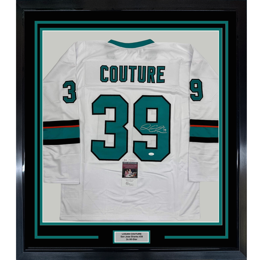 Framed Autographed/Signed Logan Couture 35x39 San Jose White Hockey Jersey JSA COA